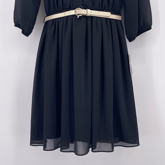 By & By Sz S Classic Short Black Dress 3/4 Length Sheer Sleeves Gold Belt NWT - Picture 4 of 7